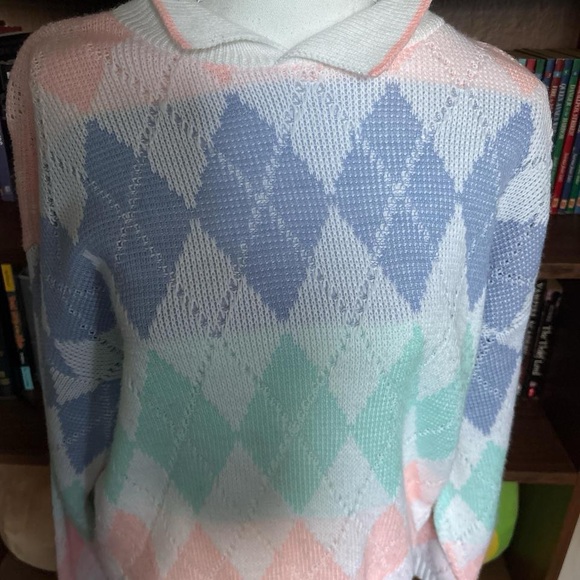 Sweaters - Pastel Argyle Knit Sweater with Collar - Women's